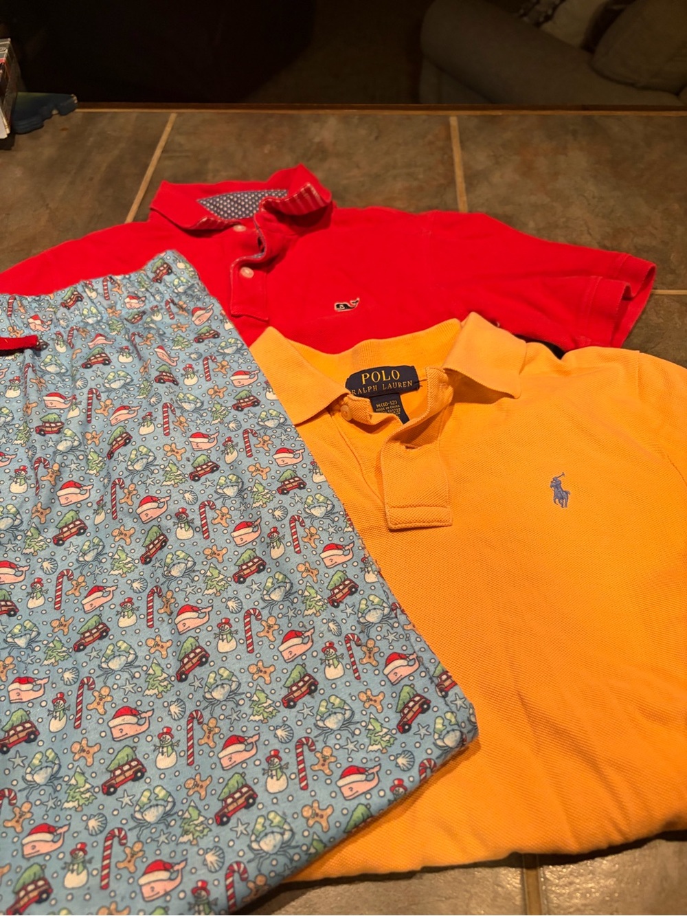 Set of boys Vineyard Vines Red Polo , RL Yellow polo, and VV pjs- size 12